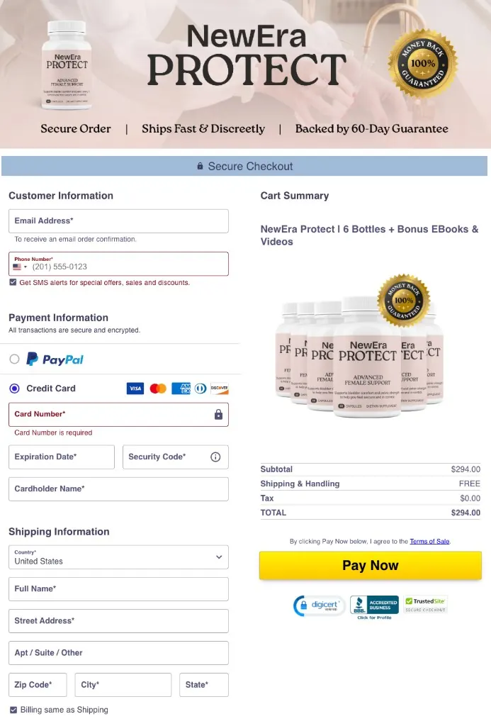 NewEra Protect secure checkout cart summary 6 bottles 294 free shipping DigiCert BBB TrustedSite